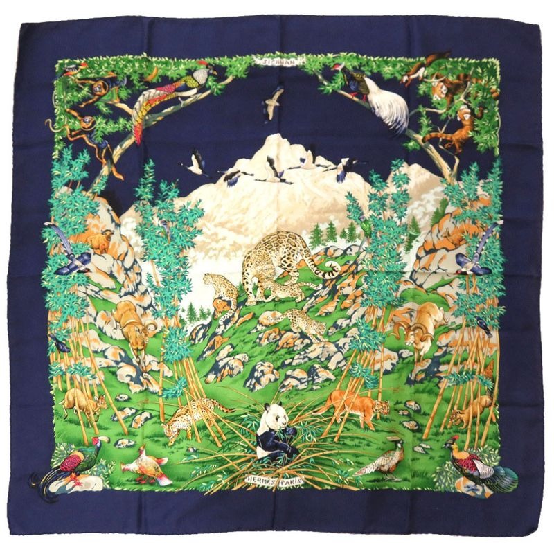 Hermes Carre 90 Sichlian Sicilian Animals Sichuan Silk Navy Scarf Blue