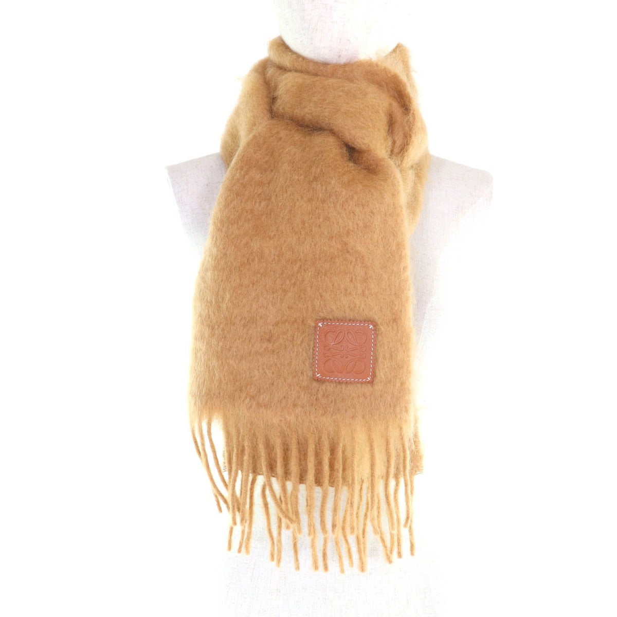 Loewe Mohair Wool Blend Anagram Leather Patch Fringe Scarf Brown — view 3