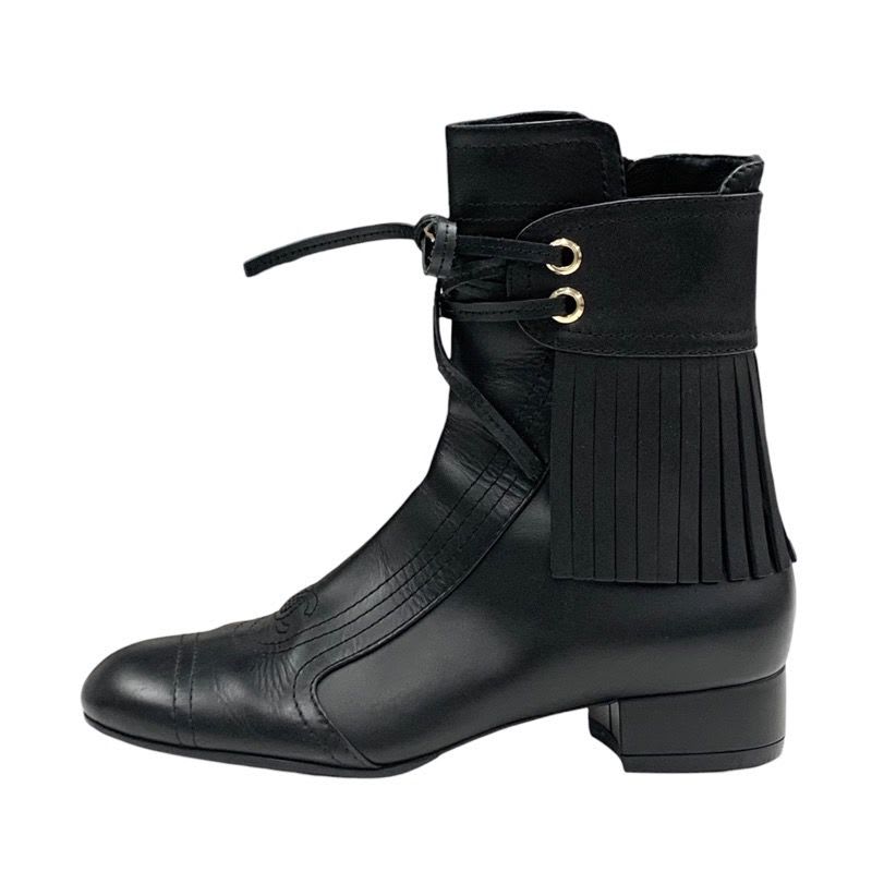 Chanel Boots Short Shoes Leather Black Coco Mark Fringe — view 4