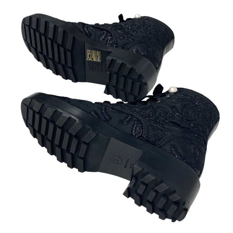 Chanel Boots Short Shoes Fabric Black Coco Mark Lace Up Pearl — view 6