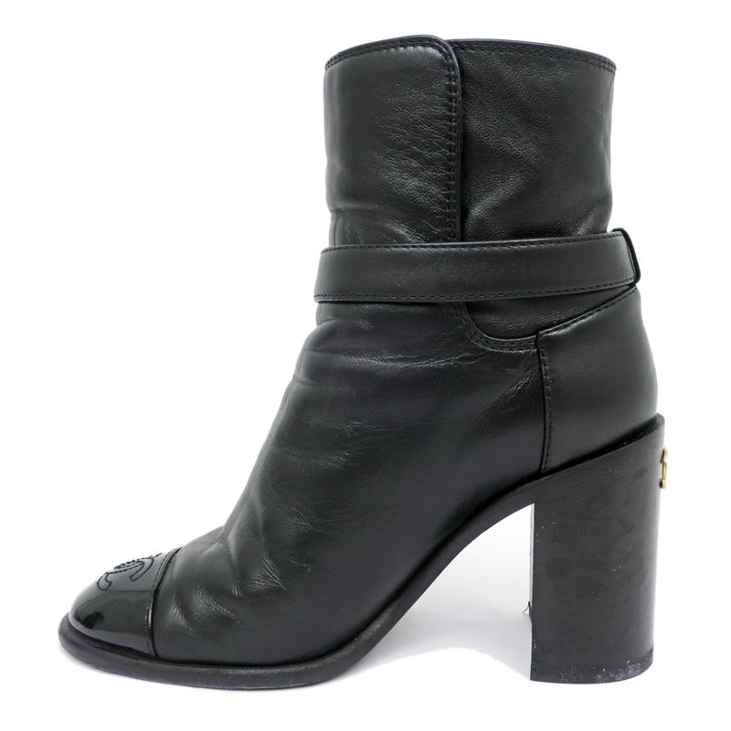 Chanel Ankle Boots 34 1 2 C Black Leather Patent CC Mark Shoes — view 3