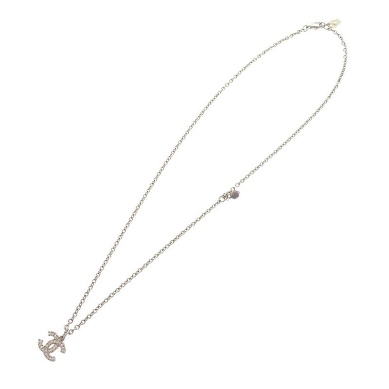 Chanel Coco Mark Metal Rhinestone Faux Pearl Silver Necklace 0470 — view 4