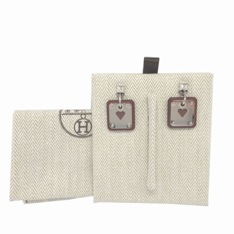 Hermes Asdecourt Heart Leather Metal Brown Silver Earrings — view 3