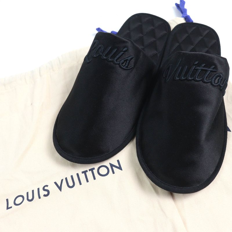 Louis Vuitton Sweet Line Logo Embroidery Satin Slippers Room Shoes Black — view 2