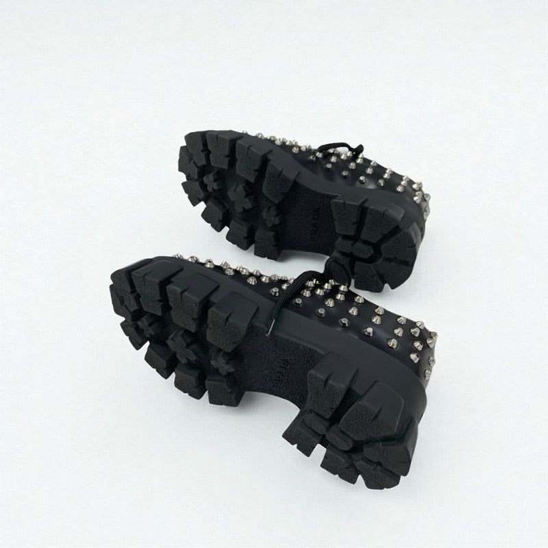 Prada Monolith Loafers Leather Shoes Black Silver Studded Lace Up — view 6