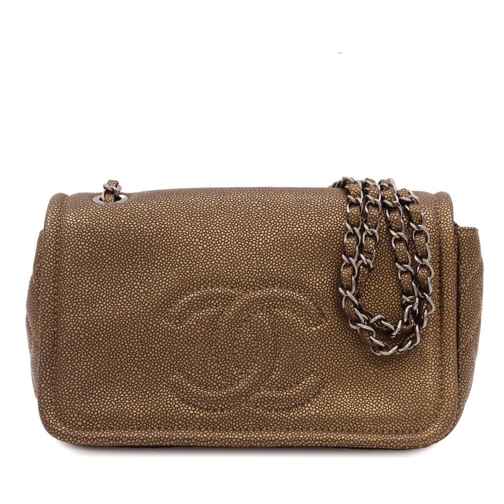Chanel Chain Shoulder Bag Metallic Blanc Silver Caviar Leather CC Logo