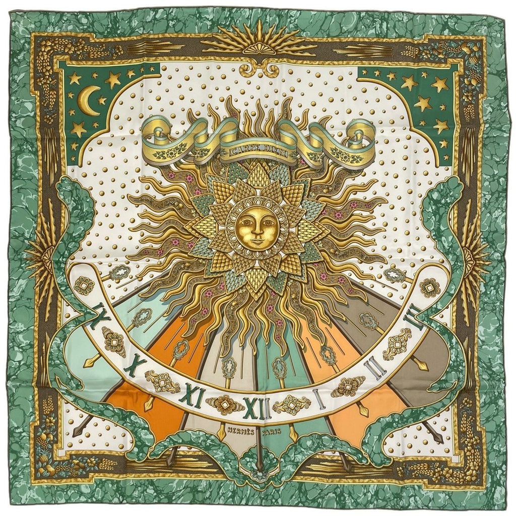 Hermes Carre 90 Carpe Diem Enjoy Your Day Sun Moon Scarf Silk Green Multicolor