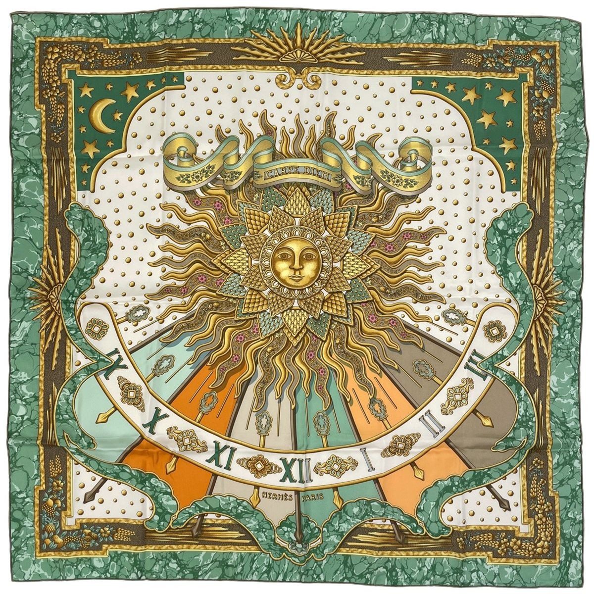 Hermes Carre 90 Carpe Diem Enjoy Your Day Sun Moon Scarf Silk Green Multicolor