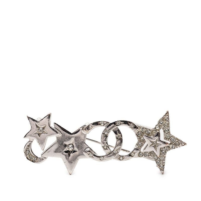 Chanel CC Logo Star Motif Brooch Silver Metal Rhinestone