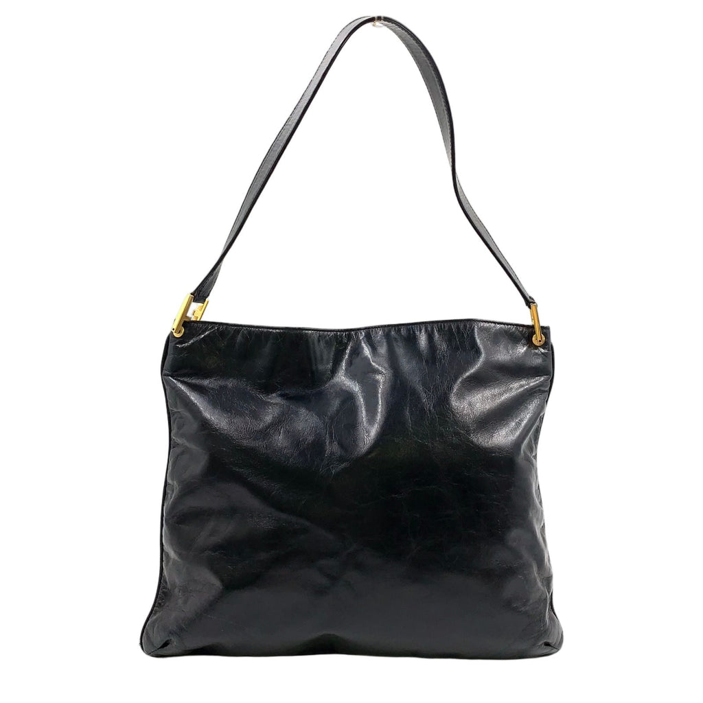 Fendi FF Logo Leather Black Shoulder Bag Gold