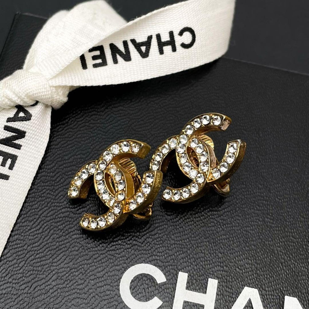 Chanel CC Logo Earrings Rhinestone Gold Icon
