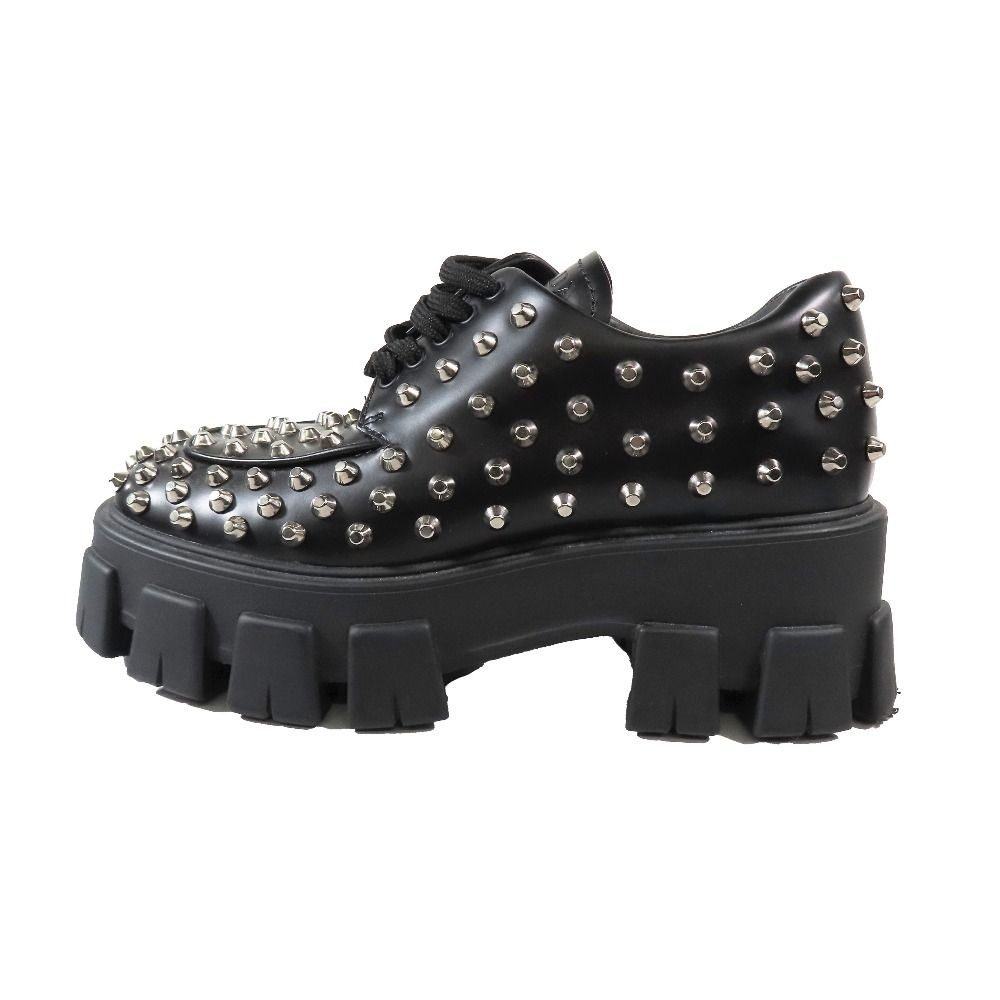 Prada 714 Monolith Brushed Leather Thick Sole Studded Loafers Lace Up Shoes
