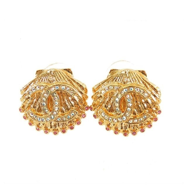 Chanel Shell Motif Earrings Gold Metal Rhinestone CC Logo