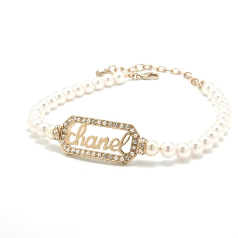 Chanel Necklace Choker Gold Coco Mark Logo Pearl Rhinestone