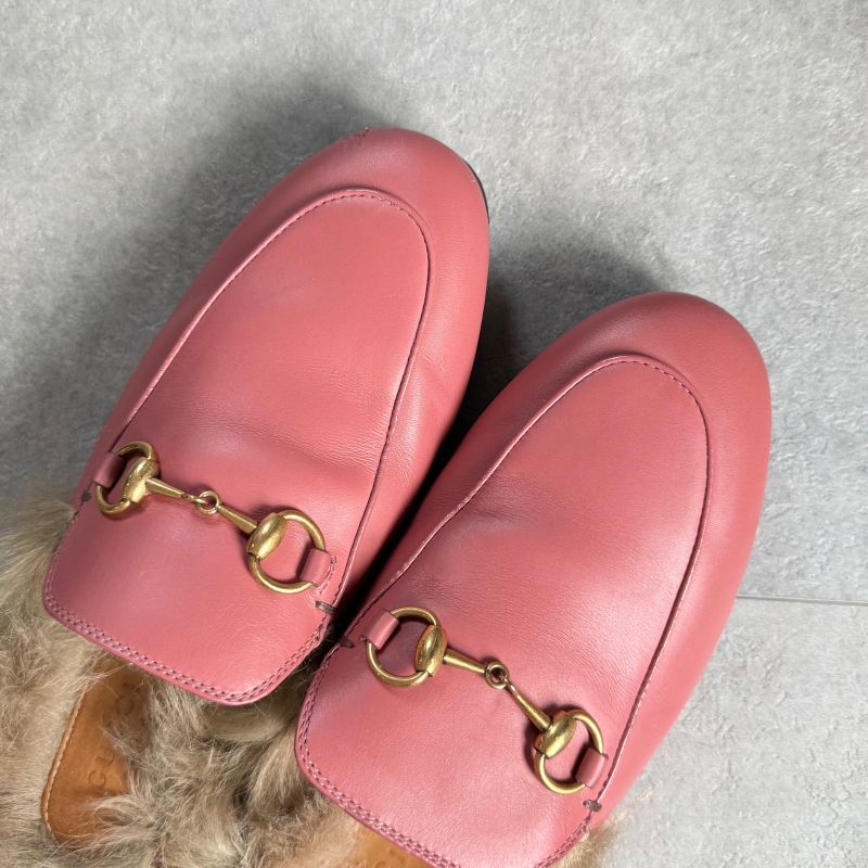 Gucci Prince Town Horsebit Loafer Sandal Fur Slip on Pink Gold Hardware Leather — view 3
