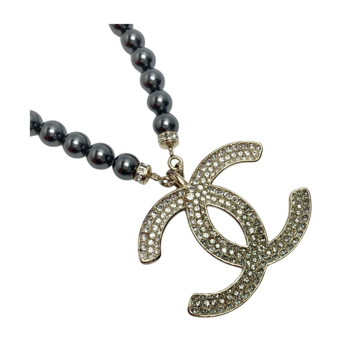 Chanel Coco Mark Rhinestone Faux Pearl Necklace C23 P Champagne Gold Black — view 2