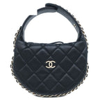 Chanel Quilted Pouch Lambskin Black Champagne Gold CC Logo Mini Bag Chain
