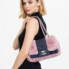 Chanel 2005 Vintage Classic Flap Chain Tweed Rabbit Fur Shoulder Bag Pink — view 2