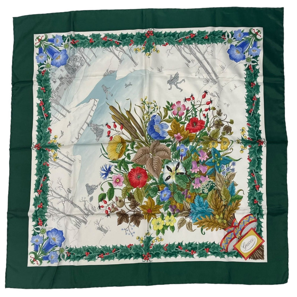 Gucci Scarf Silk Bouquet Ice Skate Holly Green