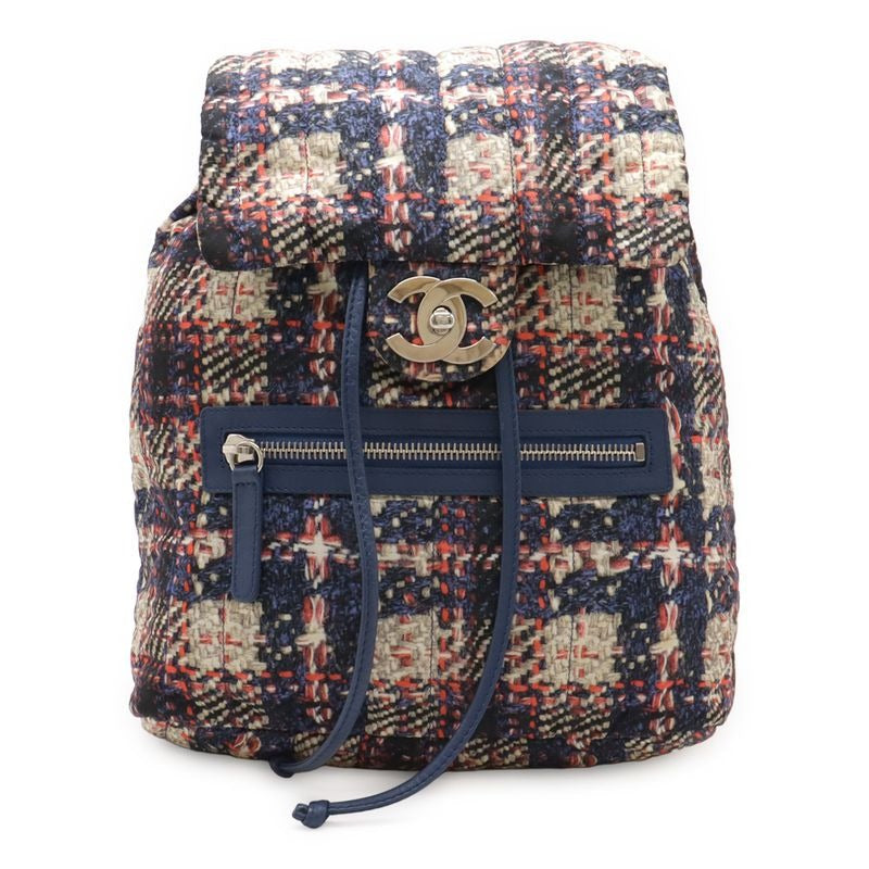 Chanel Tweed Print Chain Shoulder Rucksack Sac Backpack Nylon Blue — view 2