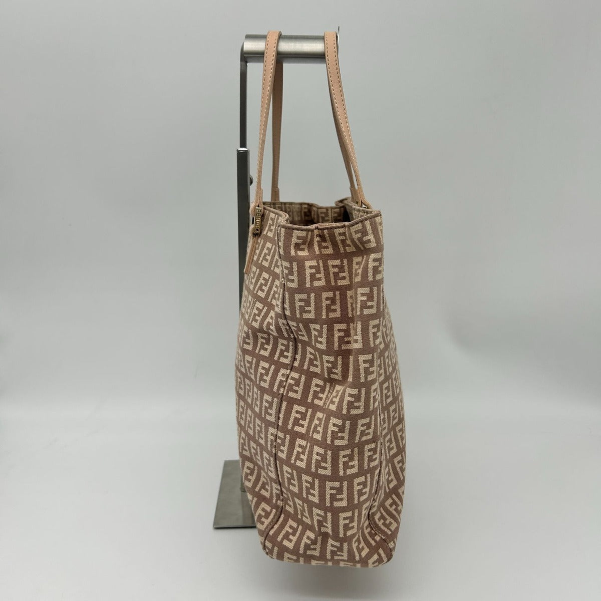 Fendi Zucchino Zucca Pattern Tote Canvas Leather Pink Beige Gold — view 3