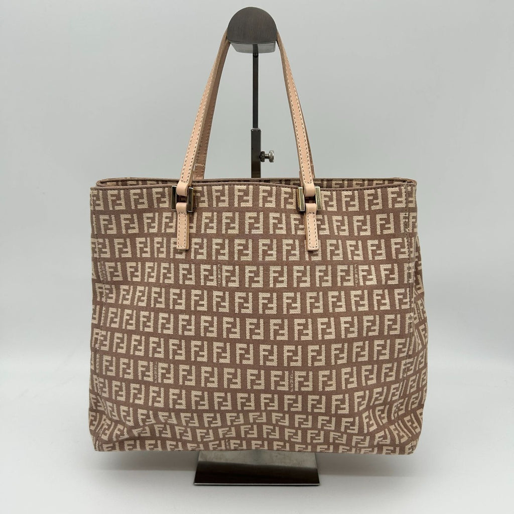 Fendi Zucchino Zucca Pattern Tote Canvas Leather Pink Beige Gold — view 4