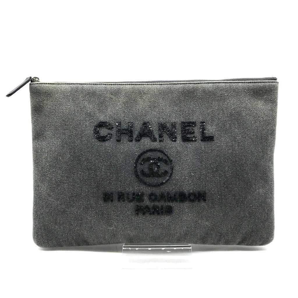 Chanel CC Logo Deauville Denim Sequin Clutch Gray Jeans