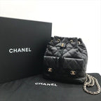 Chanel Quilted Lambskin CC Logo Drawstring Chain Backpack Pack Black