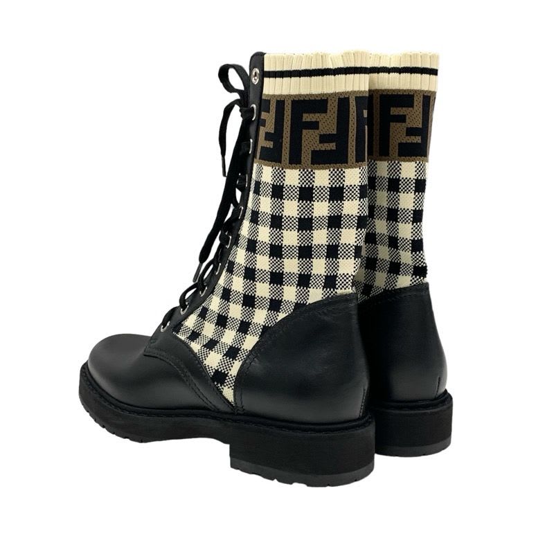 Fendi Rococo Boots Short Shoes Leather Fabric Black Ivory Brown Zucca — view 4