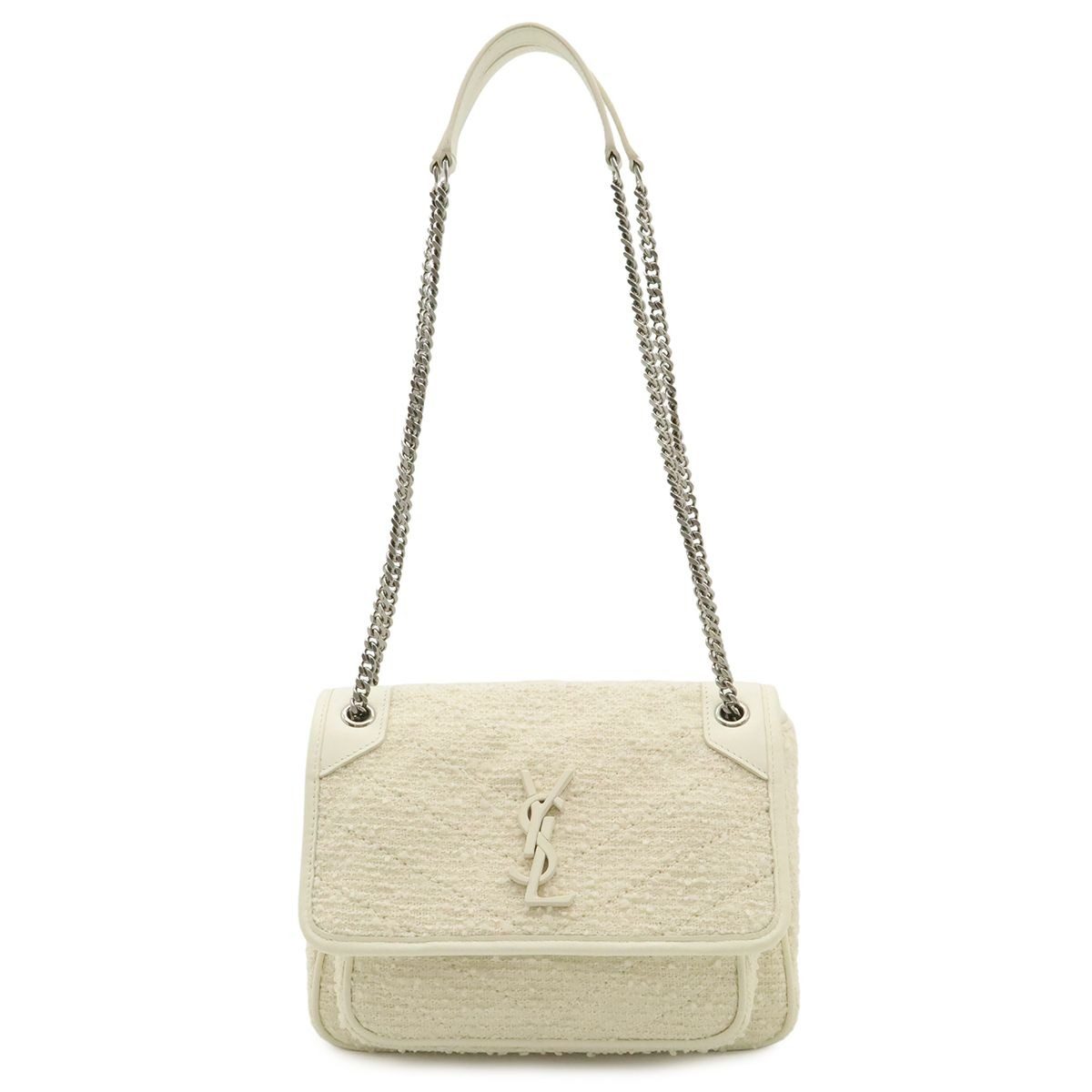Saint Laurent Paris Yves YSL Niki Baby Chain Shoulder Cles Tweed Leather White