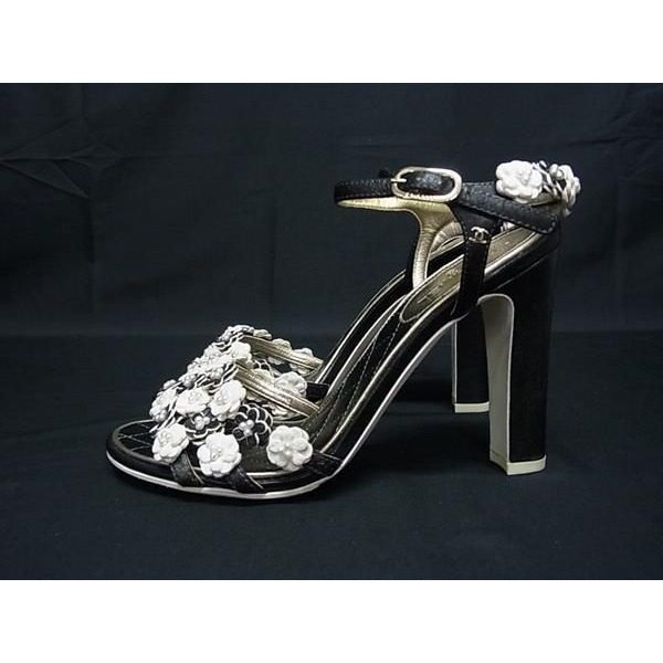 Chanel CC Logo Camellia Leather Heel Sandals 36 Shoes Black — view 3