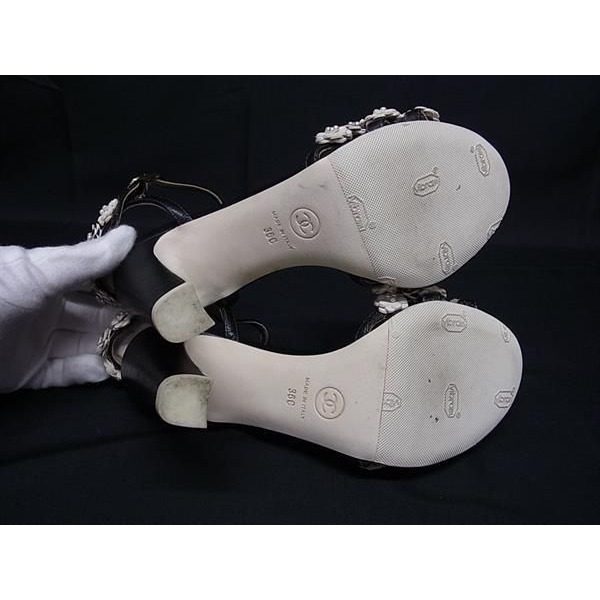 Chanel CC Logo Camellia Leather Heel Sandals 36 Shoes Black — view 4