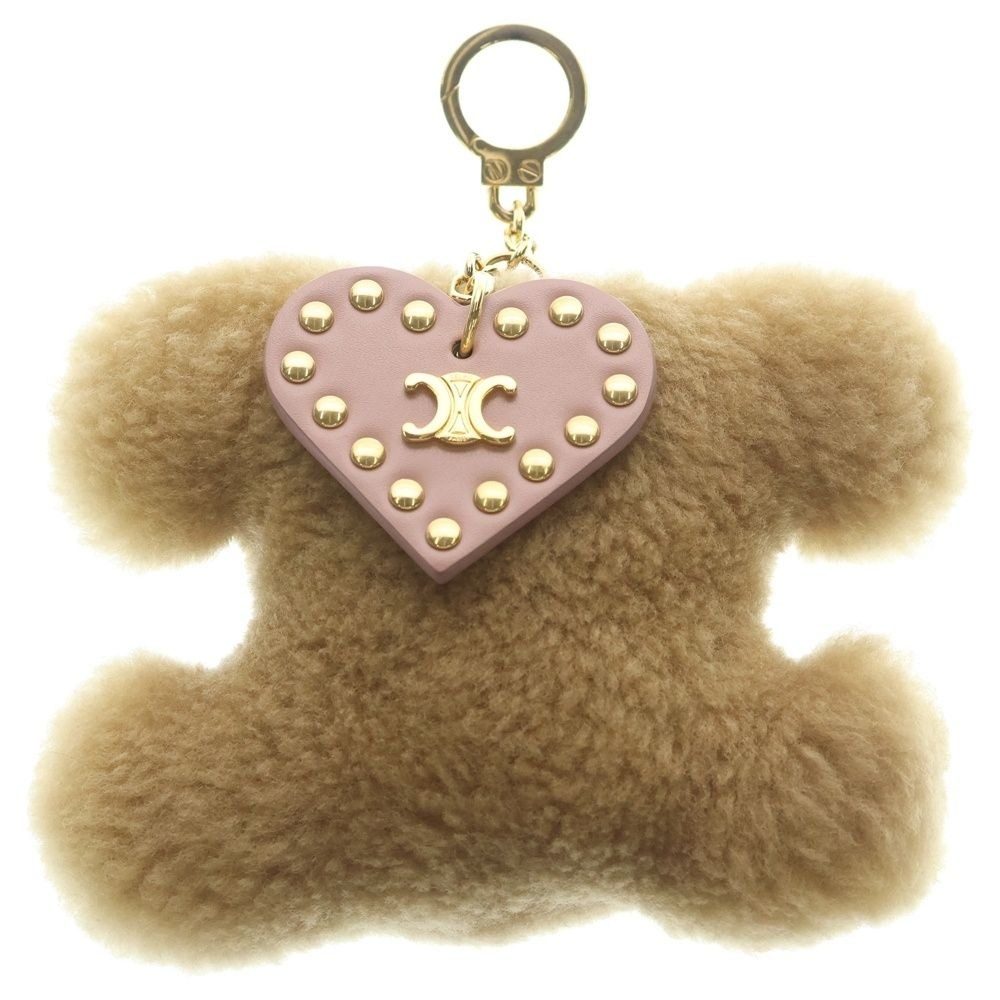 Celine Triomphe Pom Charm Logo Bag Key Ring Pink Brown