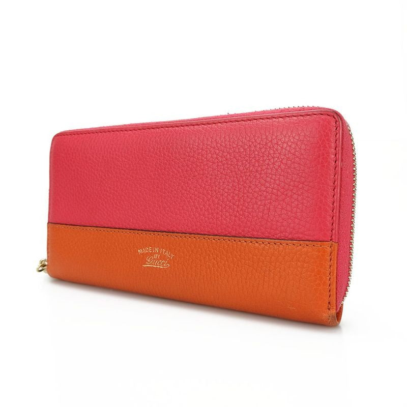 Gucci Long Wallet Bamboo Leather Orange Pink Round Zipper Zippy Bicolor