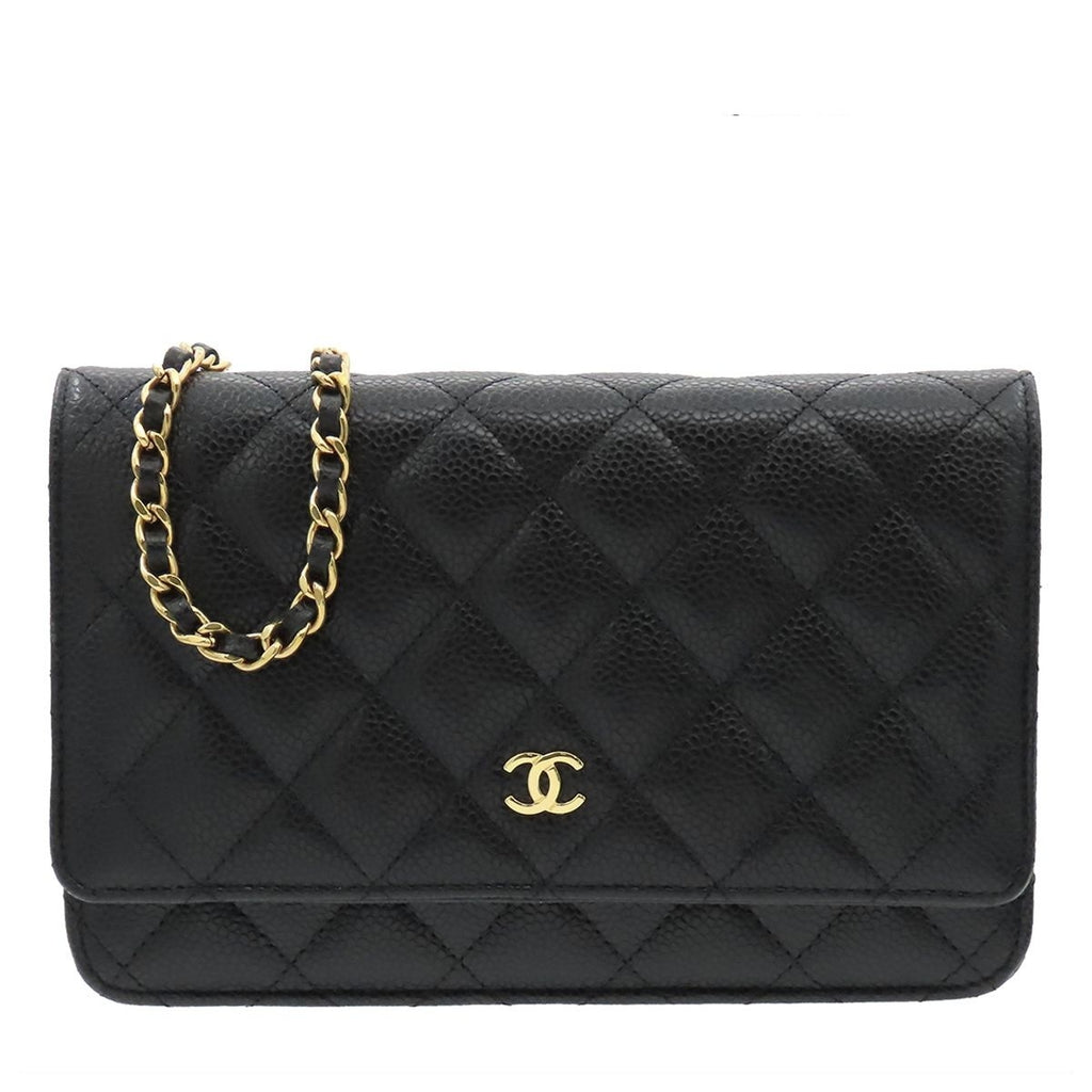 Chanel Chain Wallet Caviar Leather Black Gold Quilted Shoulder Bag