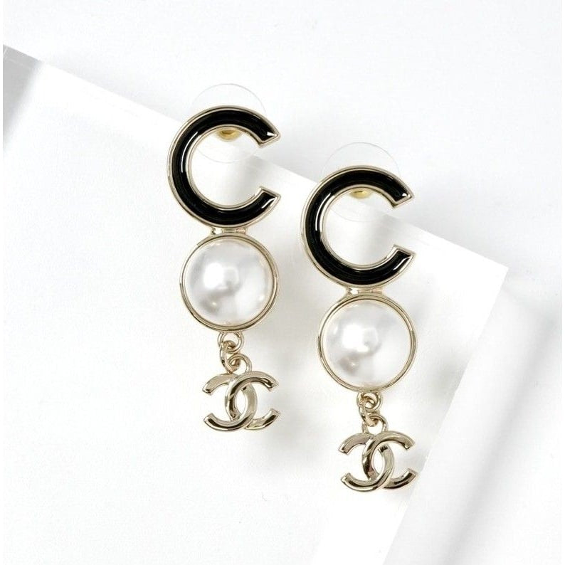 Chanel Earrings Gold Black Coco Mark Logo Pearl — view 2