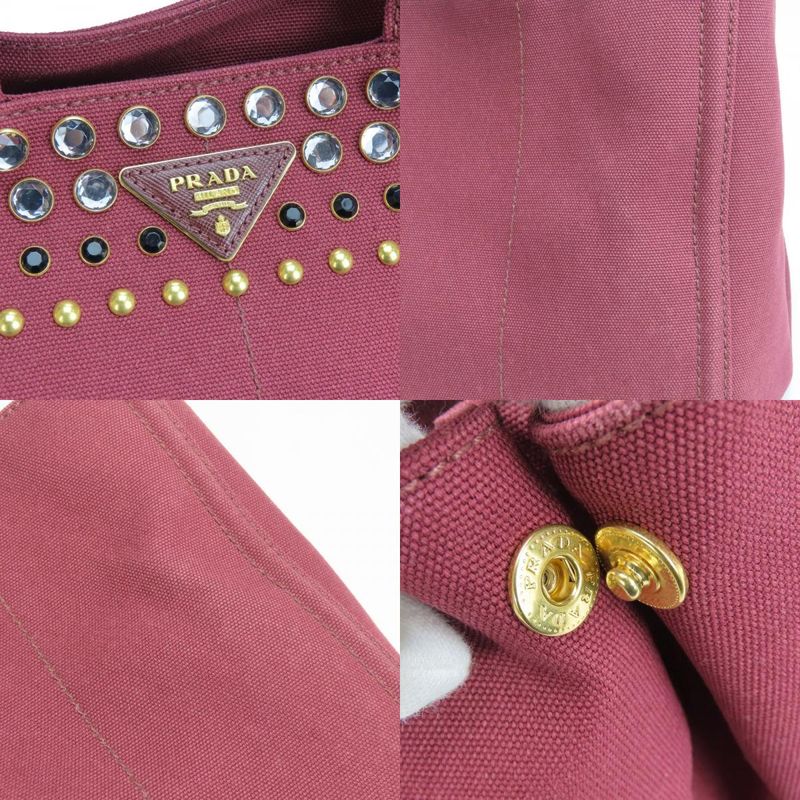 Prada Tote Bag Canapa B2642 O Studded Canvas Amaranto Wine Red Gold Hardware — view 5