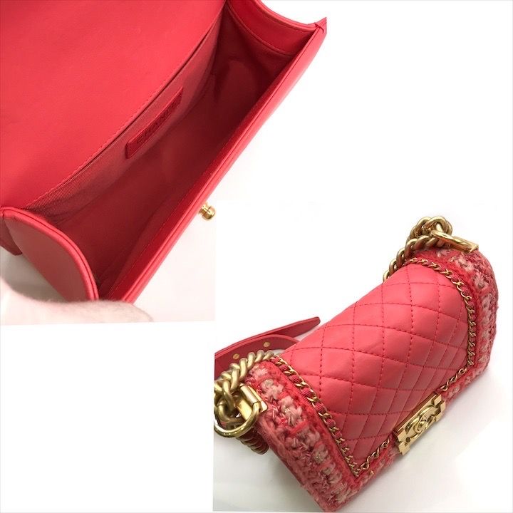 Chanel CC Logo Tweed Lambskin Chain Shoulder Bag Pink Gold — view 8