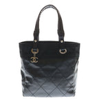 Chanel Paris Biarritz PM Quilted Tote Black Leather Canvas Silver