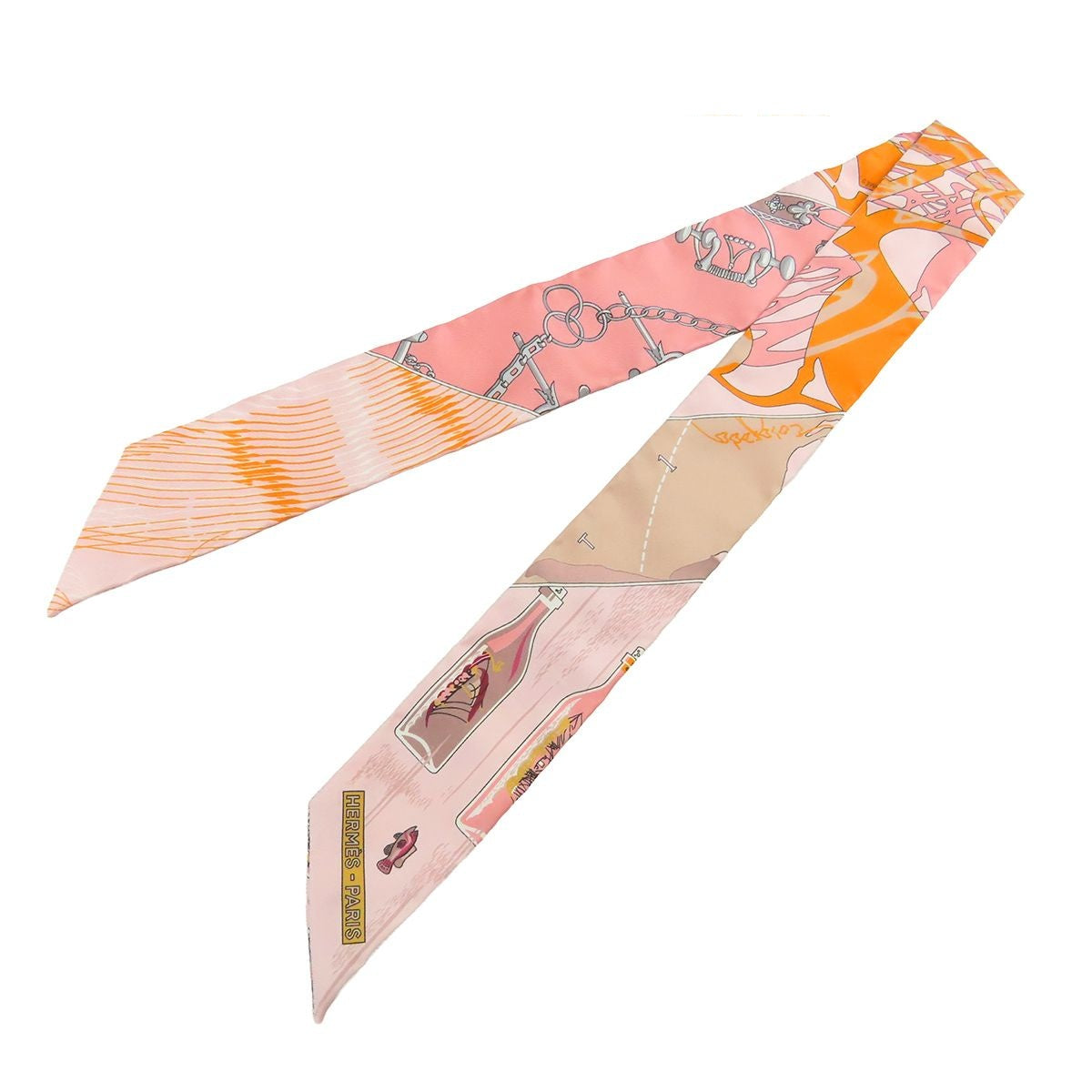 Hermes Twilly Pink Multicolor Silk Caleche Mors Et Bouteilles Bits and Bottle