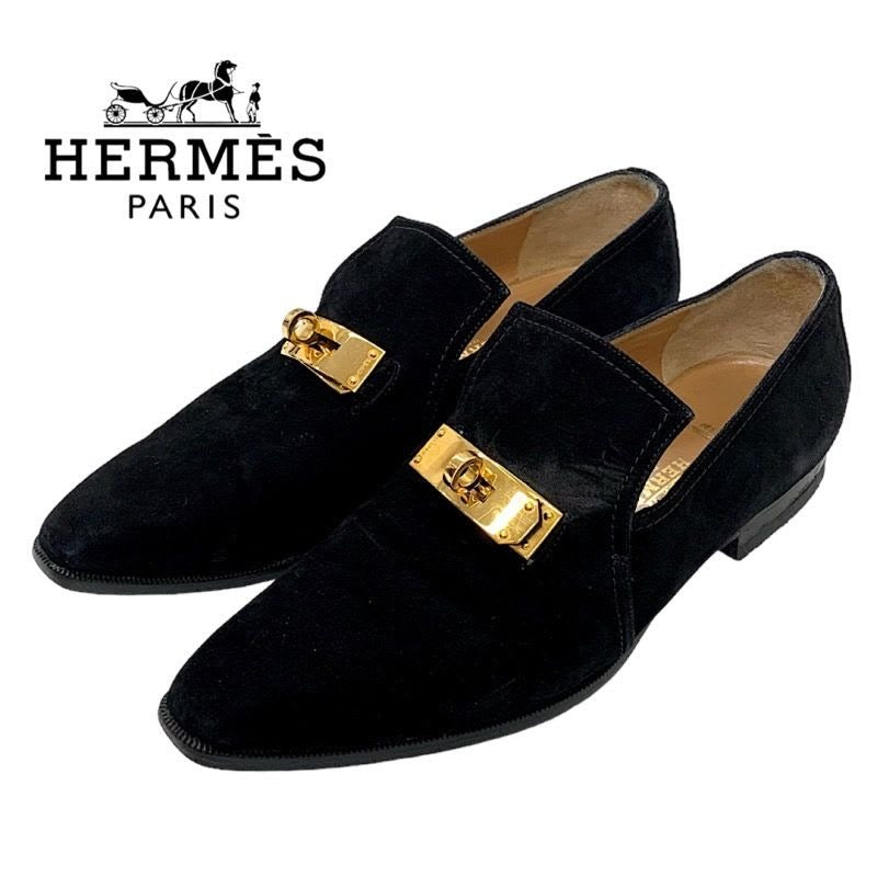 Hermes Loafers Leather Shoes Suede Black Gold Kelly Hardware Flat