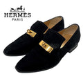 Hermes Loafers Leather Shoes Suede Black Gold Kelly Hardware Flat