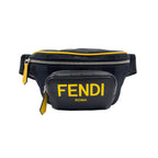Fendi Logo Leather Nylon Yellow Black Belt Bag Silver
