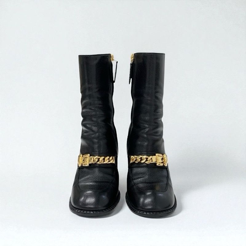 Gucci Boots Short Shoes Leather Black Gold Chain Belt — view 3