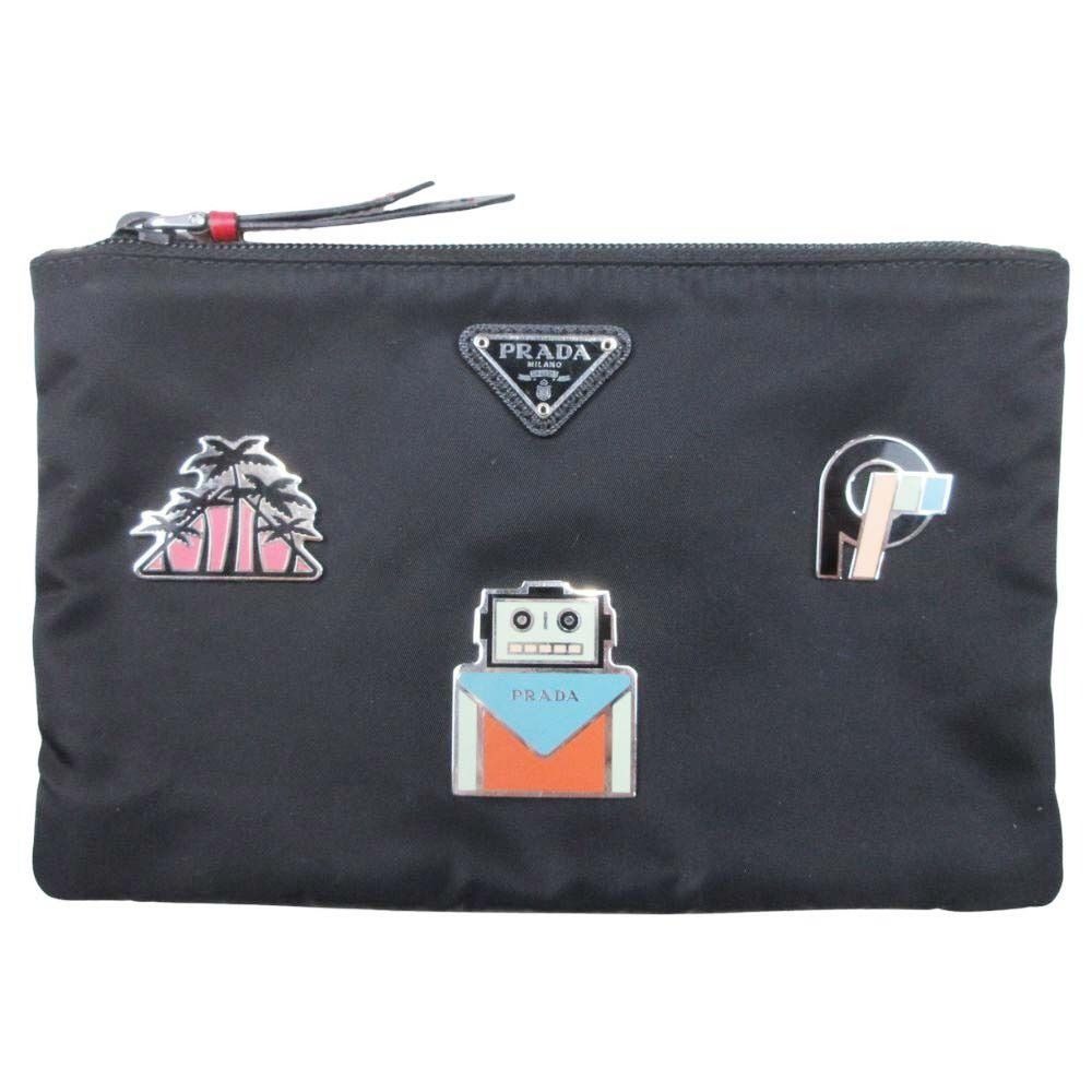 Prada Robot Metal Applique Pouch Clutch Nylon Triangle Plate Black