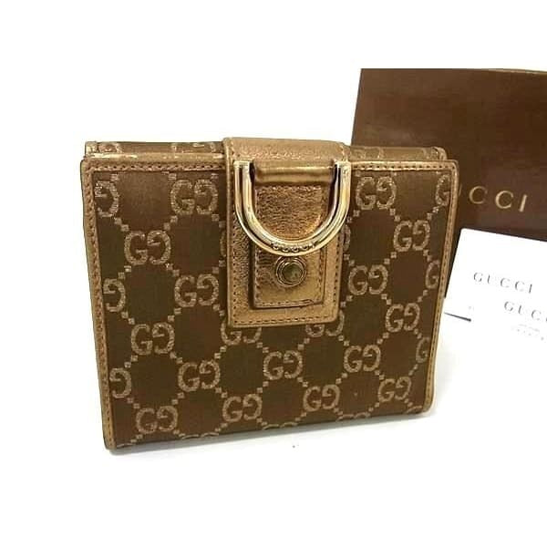 Gucci Wallet Abby Gold Brown Canvas Leather GG Pattern W Hook