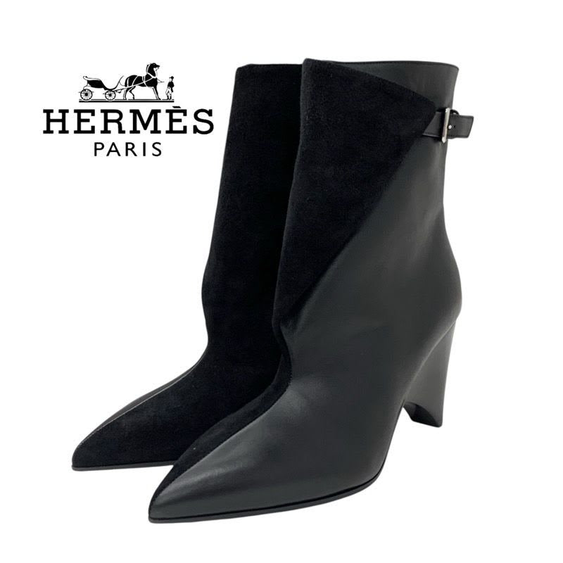 Hermes Hanae Boots Short Shoes Suede Leather Black