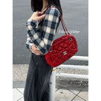 Chanel CC Logo Bubble Quilt Chain Shoulder Bag Red Lambskin Vintage