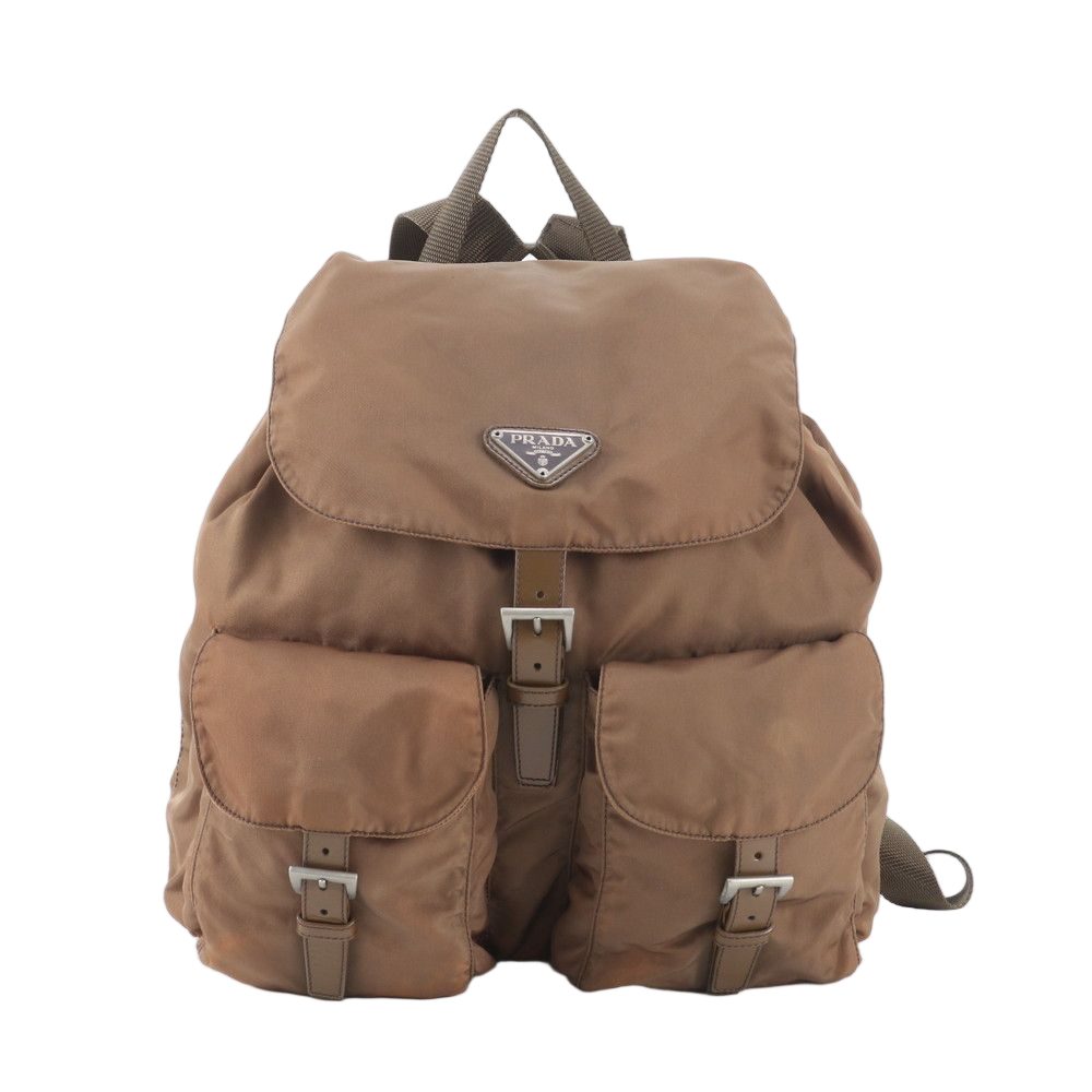 Prada Tessuto Nylon Triangle Logo Leather Backpack Brown