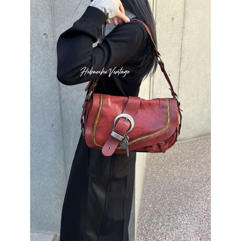 Dior Gaucho Shoulder Bag Red Leather Vintage